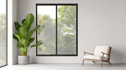 utility sustainability performance concept. Bright, modern interior with a plant and large windows.