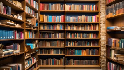A densely packed shelf filled with an assortment of books,
