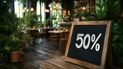 A chalkboard sign displaying 50% in a cozy, plant-filled restaurant or café setting. Concept Chalkboard Sign, Cozy Café Ambiance, Discount Promotion, Plant-Filled Decor, Inviting Atmosphere