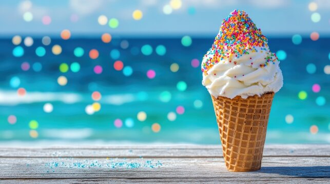 Delightful ice cream cone with colorful sprinkles against a vibrant ocean backdrop creating a summer mood capturing the essence of a beach vacation