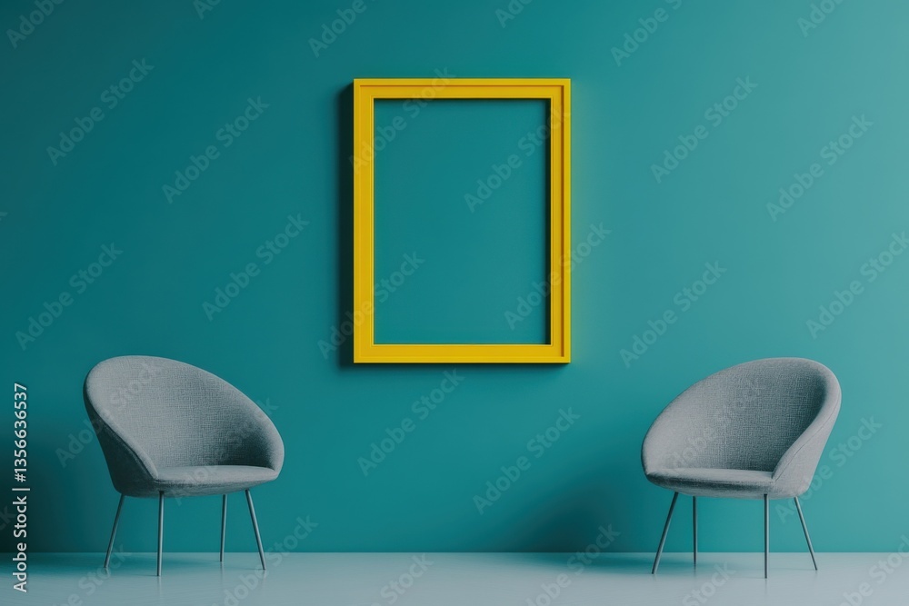 Poster yellow frame on the wall with two gray armchairs next to it, on an empty turquoise background. minim