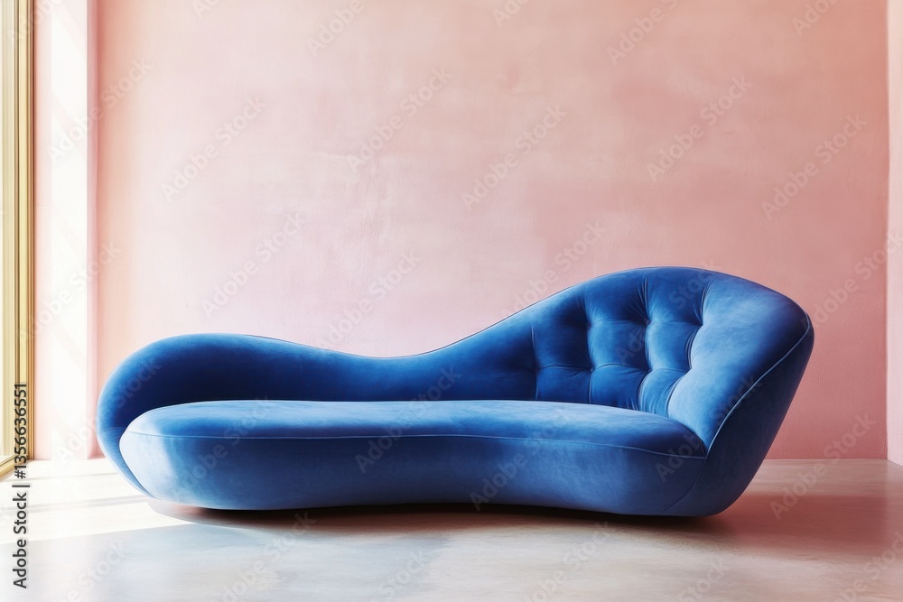 Poster an elegant blue velvet sofa with a deeply buttoned back and seat, set against a pastel pink wall in 
