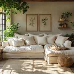 Serene Living Room with Sectional Sofa and Botanical Prints