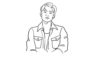 Man is a narcissist, admires himself on white background. Line art drawing. Sport guy asian model. Vector illustration