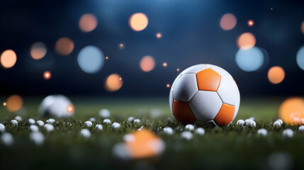 Fototapeta premium Closeup of Soccer Ball on Grassy Field at Night with Bokeh Lights