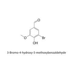 3-Bromo-4-hydroxy-5-methoxybenzaldehyde skeletal structure. Hydroxybenzaldehyde compound schematic illustration. Simple diagram, chemical formula.