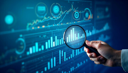 A digital illustration of a hand holding a magnifying glass over complex financial charts, depicting a detailed analysis of data and modern technology in a futuristic blue-themed environment.

