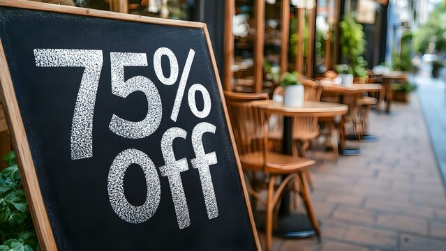 A sidewalk sign advertising a 75% discount, with a cafe or restaurant ambiance in the background. Concept Sidewalk Sign, 75% Discount, Cafe Ambiance, Restaurant Vibe, Eye-Catching Promotion