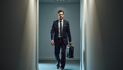 Professional businessman in a suit walking through a corridor with a briefcase in dim lighting
