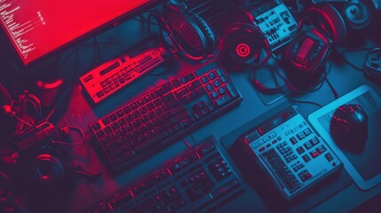 High-Tech Workspace with Keyboards, Headphones, and Gadgets