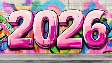 A colorful mural featuring the large, stylized numbers 2026 against a vibrant background. Concept Colorful Mural Art, Stylized Numbers, Vibrant Background, Urban Street Art, Year 2026 Celebration
