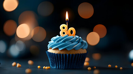 Eighty Years Old Birthday Cupcake With Blue Frosting And Candle