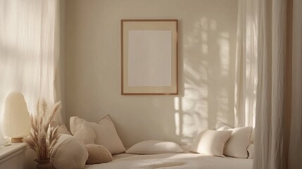 Calming Lighted Living Room Interior with Pillows and Wall Art in Beige and Brown Hues