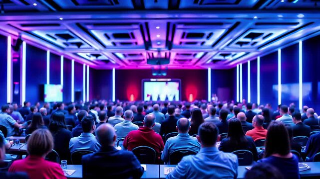 Conference audience at vibrant tech event with purple blue lighting. Business professionals watching presentation on stage. Corporate seminar gathering focused on technology innovation in modern venue
