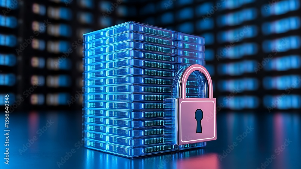 Poster 3d digital representation of secured data storage with padlock and glowing server racks in a tech en