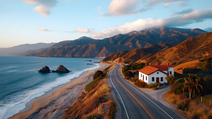 Coastal Highway Winding Through California Mountains at Sunset