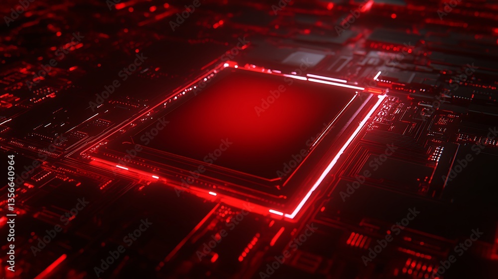 Poster abstract red circuit board background with central processor and glowing lines for technology theme