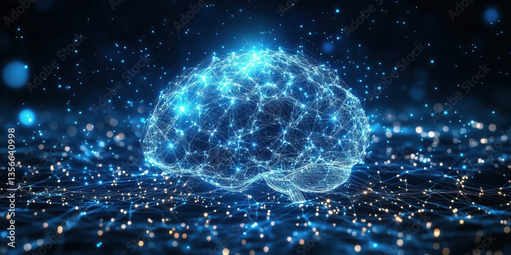 Poster digital brain network visualization representing artificial intelligence and neural connections