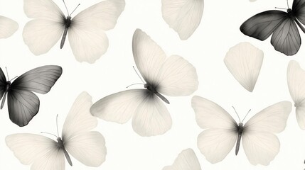 Seamless pattern of multiple butterflies in black and white. the butterflies are arranged in a repeating pattern on a white background.