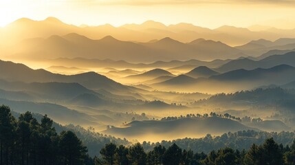 Obraz premium Golden sunrise mist-shrouded mountain range vista, tranquil mountain landscape