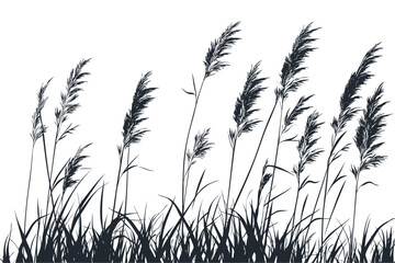 Black silhouette vector illustration of reeds and tall grass on shoreline against white background, depicting natural wetland vegetation in minimalist style, perfect for nature-themed designs.