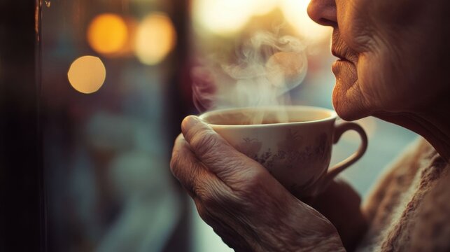 An elderly woman sipping tea thoughtfully. - Powered by Adobe