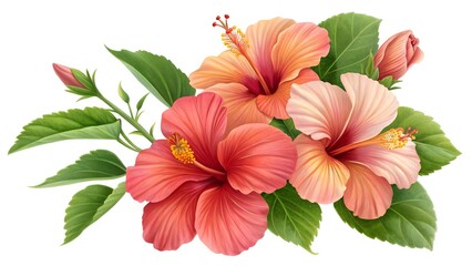 bright large red hibiscus flower and leaf isolated on white background