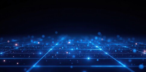 Abstract futuristic blue grid with shining particles, stars, and dust on black background,  abstract,  ground