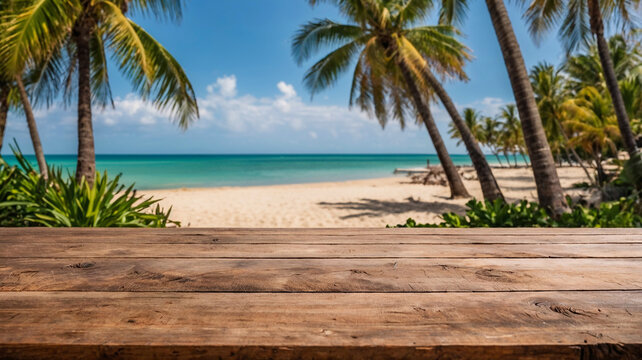 Empty wooden table on blurred background of sunny beach with palm trees on sea shore - Powered by Adobe