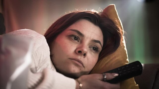 portrait of a beautiful young woman lying on a pillow, indifferently eating potato chips and switching TV channels