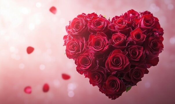 Heart-shaped arrangement of red roses with falling petals on soft pink background - Powered by Adobe