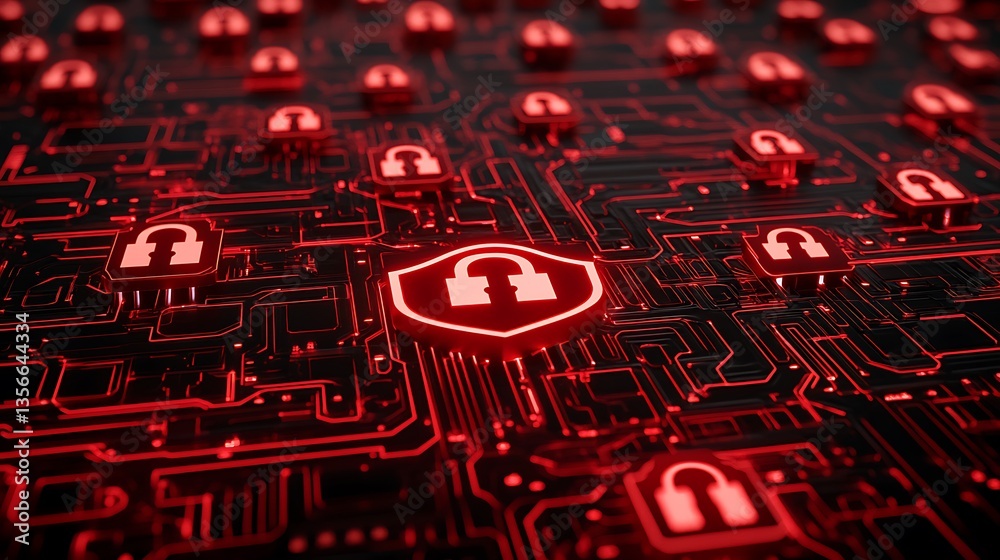 Poster digital background with red circuit design and lock icons representing cybersecurity concepts and te
