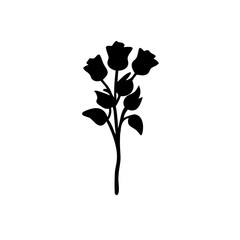 Black silhouette of three roses with leaves on a white background  