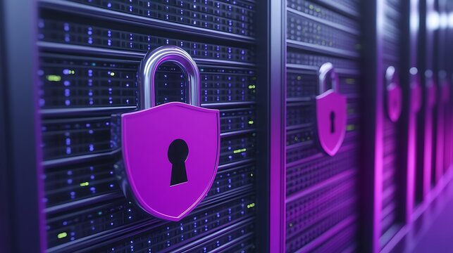 Digital data protection concept with secure server storage and purple padlock symbolizing cybersecurity measures