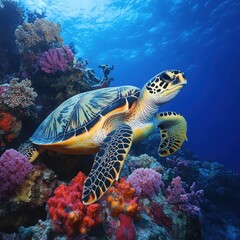 Fototapeta premium Graceful sea turtle swimming near colorful coral reef in clear blue ocean water marine life ecosystem underwater world aquatic scene