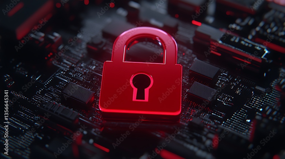 Poster digital lock icon over circuit board background symbolizing cybersecurity and data protection concep