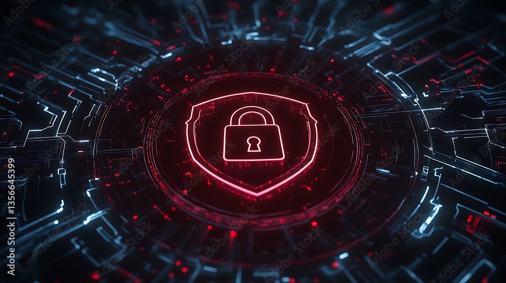 Poster digital lock icon representing cybersecurity with a futuristic technology background and circuit pat