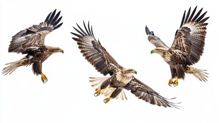 Obraz premium Birds of prey White tailed eagle haliaeetus albicilla isolated on white background flying juvenile bird mix four birds