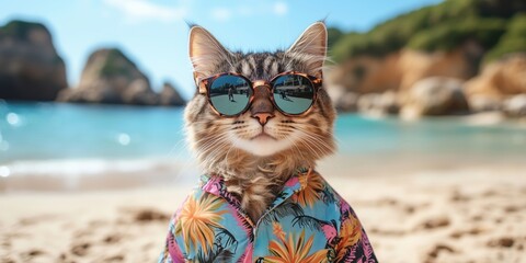 Obraz premium Stylish cat in sunglasses and Hawaiian shirt enjoying beach vacation