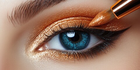 Stunning close-up of eye makeup application with shimmering gold and blue tones