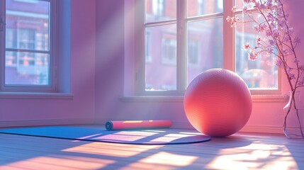 Sunrise yoga room, exercise ball, window view, cherry blossoms