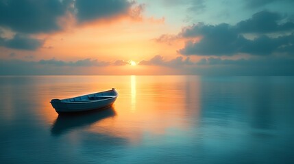 Fototapeta premium A Peaceful Scene of a Boat Drifting on Tranquil Waters Under Clear Blue Sky Evoking Calmness and Serenity
