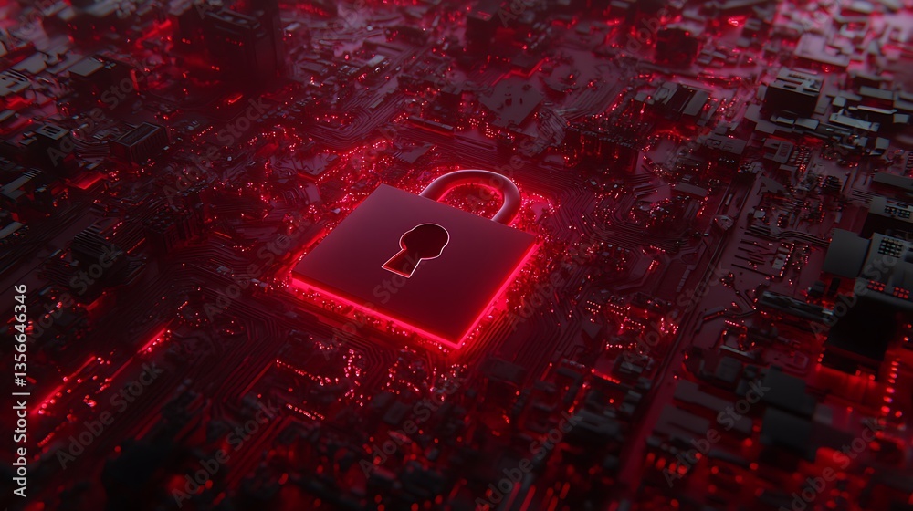 Wall mural digital lock symbol on circuit board design with red neon glow reflecting cybersecurity concepts