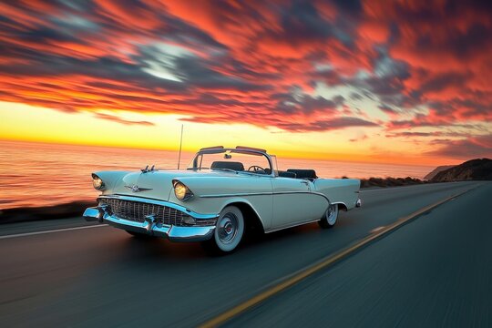 A vintage convertible car drives along a scenic coastal road as the sun sets, painting the sky with vibrant oranges and purples. Waves crash on the shore nearby, completing the picturesque view.