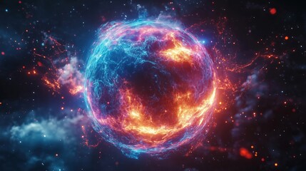 Fototapeta premium Vibrant cosmic sphere with fiery and electric energy in deep space