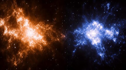 Fototapeta premium Fiery orange and cool blue nebulae in space.