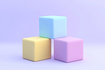 Obraz premium Pastel-colored, stacked cubes on a light purple background. Three cubes in pastel shades of light blue, light yellow, and light pink, creating a simple, modern display. A soft, minimalist aesthetic