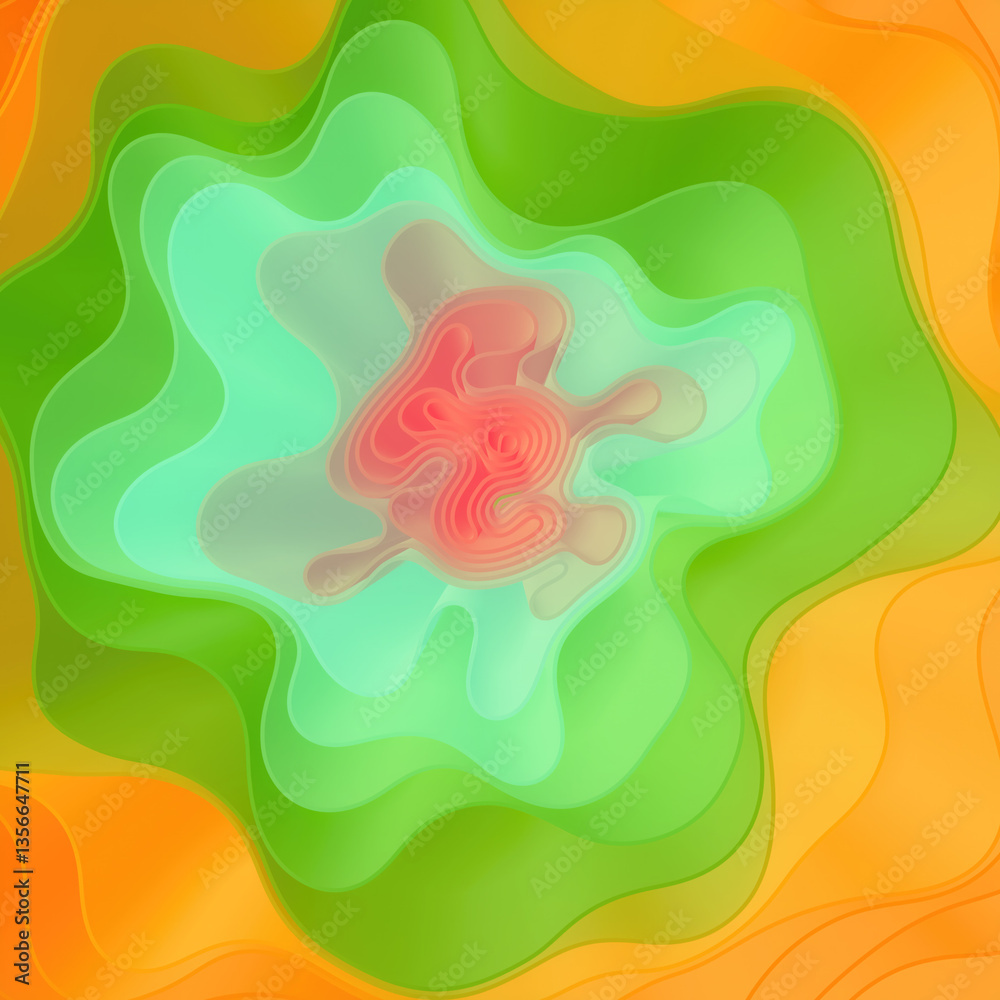 Poster Abstract digital composition with flowing organic shapes intertwined in a complex pattern. The color palette includes oranges, greens and pinks. 3d rendering illustration