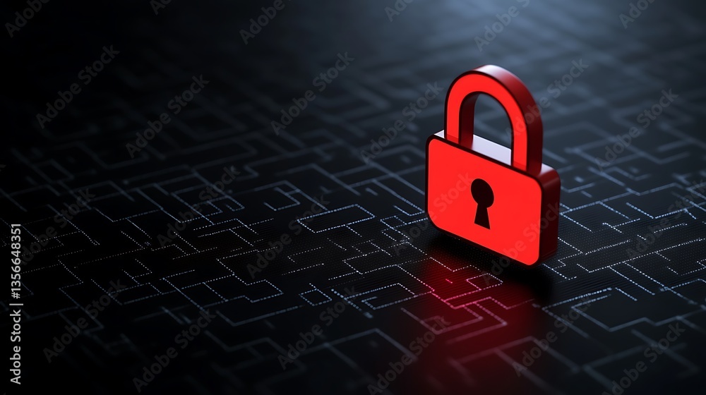 Poster digital security concept with a bright red padlock isolated on a dark background of abstract pattern