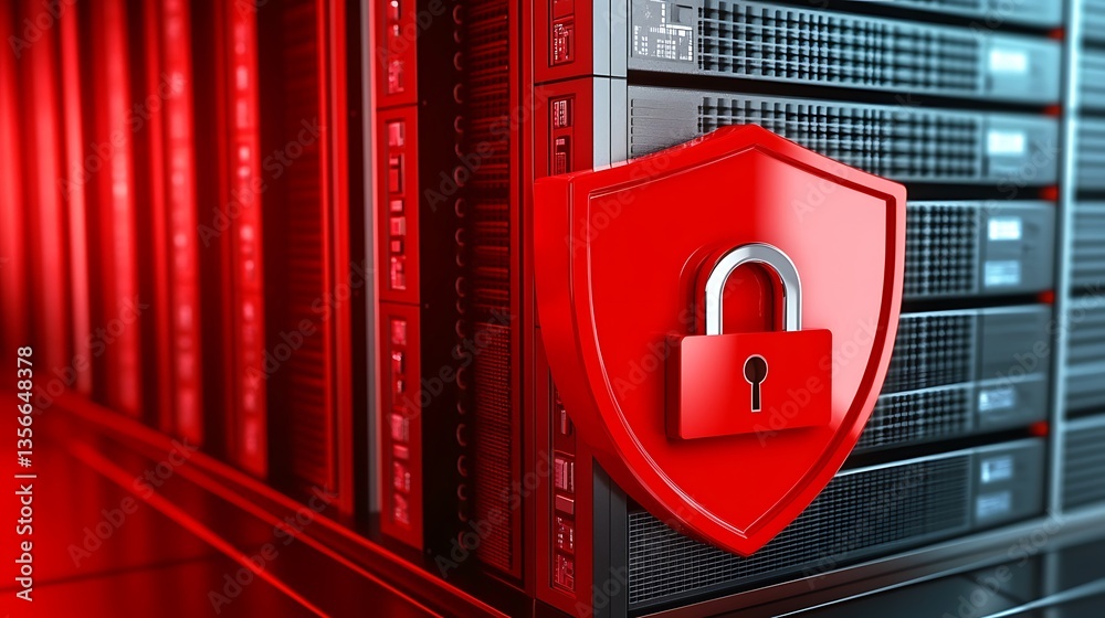 Poster digital security concept representing data protection with shield and lock over server rack in red t
